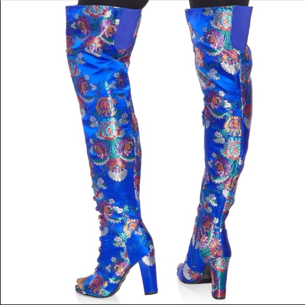Blue Lime Flower Embroidered Over the Knee Boots - Picture 3 of 4
